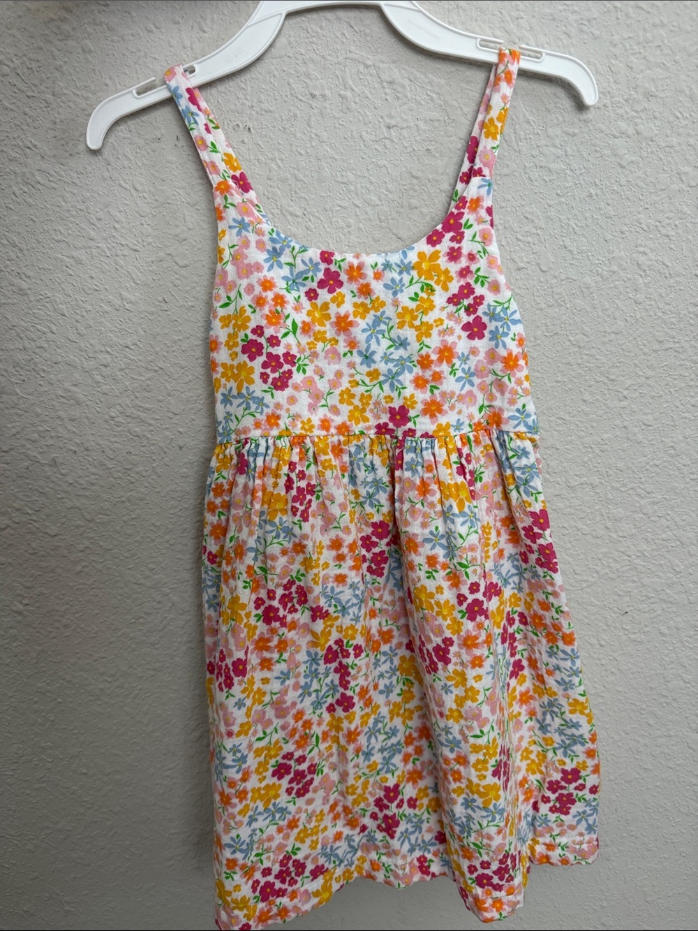 Girl's Floral Sundress in White with Pink, Yellow & Blue Flowers